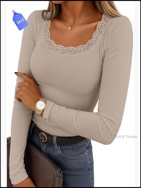 Long Sleeve Slim Fit Lace Crew Neck Ribbed Knit T-Shirt